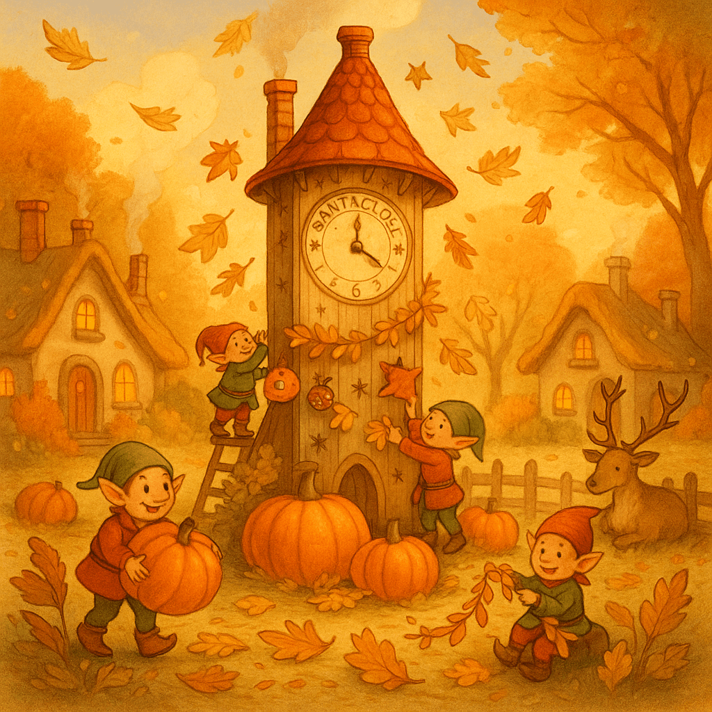 Village magique d'automne et horloge